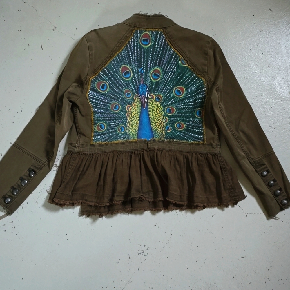 Deconstructed Olive Green Military Jacket Women's Handmade Boho Animal Print